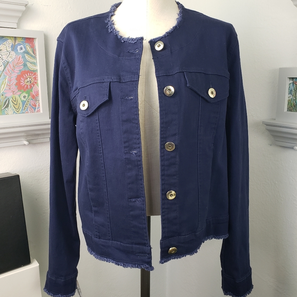 Kim Gravel Navy Blue Denim Fringe Pockets Lightweight Classic Coastal Preppy M